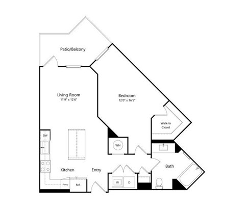 Floor plan for 1 bed, 1 bath, 783 sqft